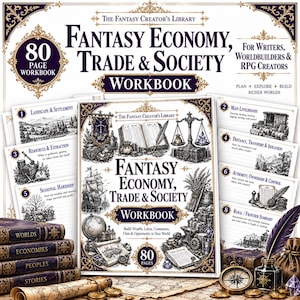 Puede incluir: Un libro de ejercicios de 80 páginas titulado Fantasy Economy, Trade & Society de The Fantasy Creator's Library. La portada presenta ilustraciones detalladas de balanzas, un globo terráqueo y pergaminos. Las páginas circundantes muestran secciones numeradas.