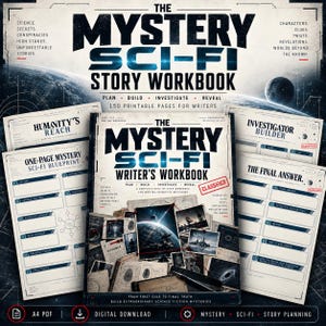 以下が含まれることがあります： The Mystery Sci-Fi Writer's Workbookというタイトルのデジタルストーリーワークブック。惑星、証拠写真、機密スタンプが描かれた宇宙テーマの表紙が特徴です。Humanity's ReachやInvestigator Builderなどの印刷可能なページが含まれています。