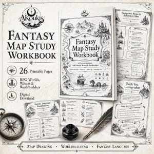 May include: A Fantasy Map Study Workbook with 26 printable pages for RPG worlds, writers, and worldbuilders. The set includes a compass, an inkwell, and a quill pen, alongside instructional pages featuring map illustrations and text.
