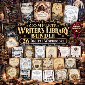 May include: A collection of 26 digital workbooks titled Complete Writer's Library Bundle, featuring various fantasy-themed covers including Romantasy Planner, Dark Romantasy Workbook, and Fantasy Architecture & Environment Design.