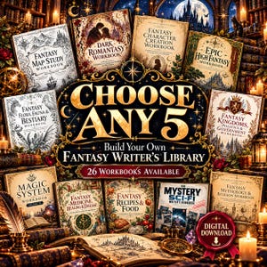 Könnte beinhalten: Eine Sammlung von Fantasy-Schreibarbeitsheften mit Titeln wie Fantasy Map Study, Dark Romantasy und Magic System. Der zentrale Text lautet Choose Any 5 Build Your Own Fantasy Writer's Library mit 26 Workbooks Available.