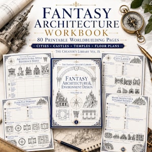 May include: A Fantasy Architecture Workbook with 80 printable worldbuilding pages, featuring a central book titled Fantasy Architecture & Environment Design Volume IX, surrounded by architectural reference sheets, floor plans, and city layout pages.