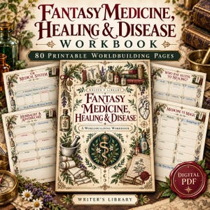 以下が含まれることがあります： 80ページの印刷可能なワールドビルディング用ワークブック「Fantasy Medicine, Healing & Disease」。表紙には中央のカドゥケウスの紋章、植物のイラスト、乳鉢と乳棒、医療図が描かれています。デジタルPDFラベル付き。