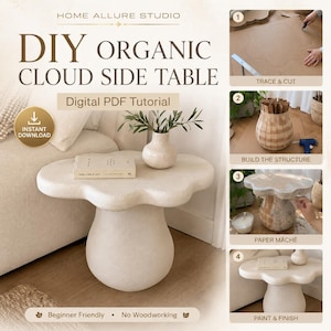 Planos en PDF para mesa auxiliar de nube de papel maché ecológico, guía tutorial de muebles bohemios para hacer tú mismo
