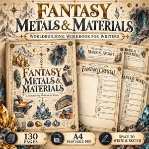 Puede incluir: Un cuaderno de trabajo de worldbuilding para escritores titulado Fantasy Metals & Materials, con una portada que muestra ilustraciones de cristales, un yunque y barras de metal. Incluye páginas PDF imprimibles en formato A4 con plantillas.