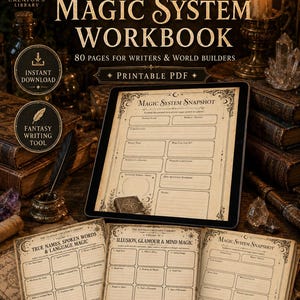 May include: A digital tablet and printed pages displaying a Fantasy Magic System Workbook. The pages feature sections for Magic System Snapshot, True Names, Spoken Words, Language Magic, Illusion, Glamour, and Mind Magic with vintage-style borders.