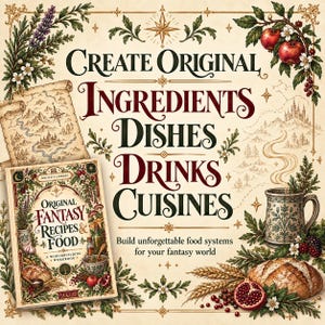 Może przedstawiać: Książka zatytułowana Original Fantasy Recipes & Food z okładką przedstawiającą ilustracje botaniczne, mapę i żywność. Tekst brzmi Create Original Ingredients Dishes Drinks Cuisines oraz Build unforgettable food systems for your fantasy world.