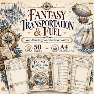 May include: A digital worldbuilding workbook titled Fantasy Transportation & Fuel, featuring 50 pages in A4 printable PDF format. The cover and interior pages display illustrations of airships, sailing vessels, and compasses with text prompts.