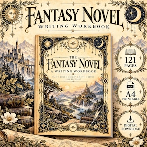 May include: A writing workbook titled The Fantasy Novel featuring a cover illustration of a castle, mountains, and a river. The text includes Plan, Build, Develop, Write, Revise Your Epic Story, 121 Pages, PDF A4 Printable, and Digital Download.