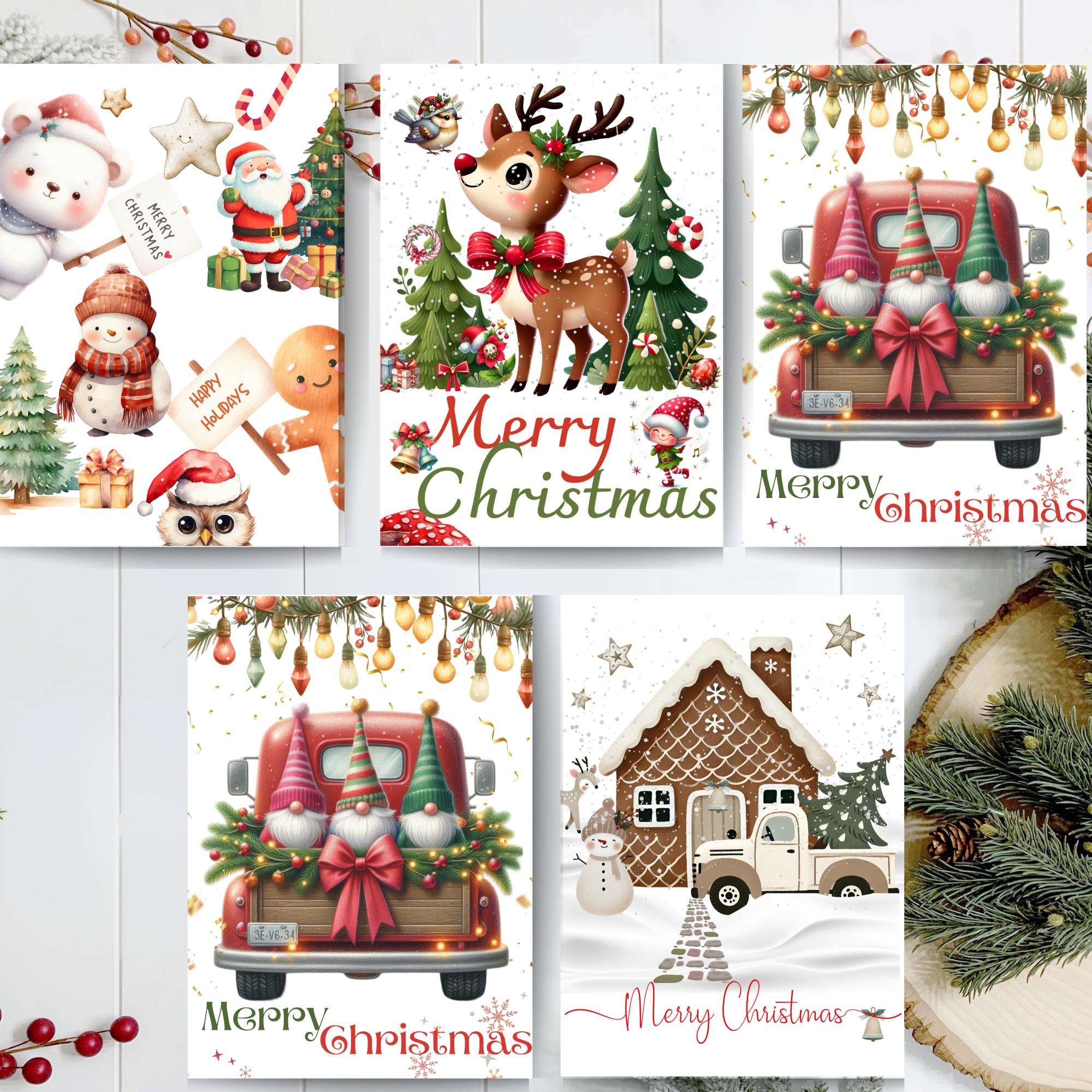 Printable Christmas Cards: Holiday Greeting Card Set (PNG Digital ...