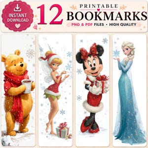 Peut inclure: Un ensemble de 12 marque-pages imprimables illustrant Winnie l'ourson avec une &eacute;charpe rouge et une tasse, la f&eacute;e Clochette en tenue de f&ecirc;te, Minnie Mouse avec un cadeau et Elsa avec un flocon. Le texte indique 12 PRINTABLE BOOKMARKS.