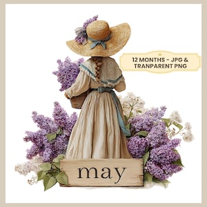 Può includere: Illustrazione digitale di una persona con cappello di paglia e vestito, che tiene un cesto di lilla viola. La parola "may" è su un cartello di legno. L'immagine include il testo "12 MONTHS - JPG & TRANPARENT PNG".