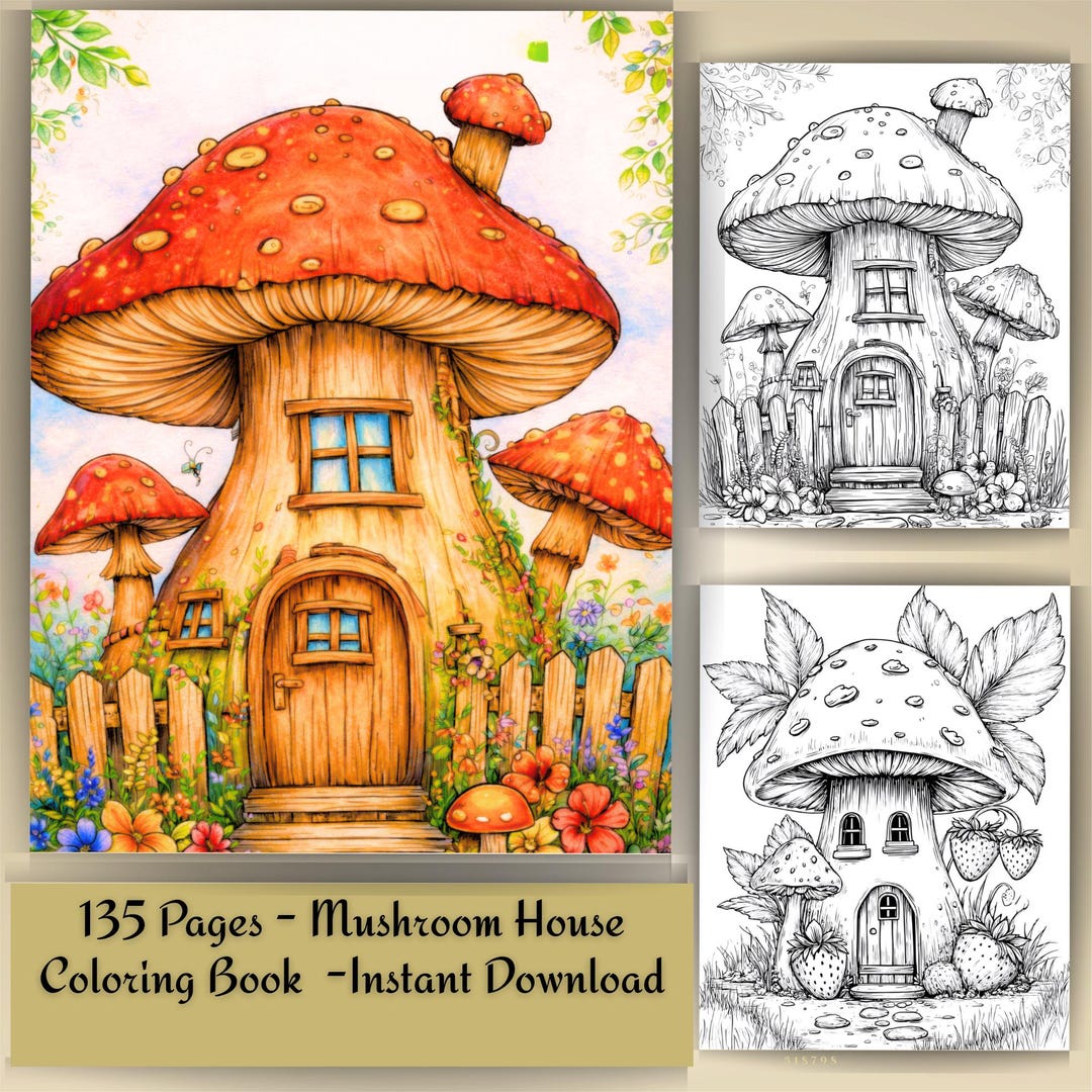 Mushroom House Coloring Book | Fairy Cottagecore Fantasy Pages (PDF ...