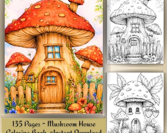 Mushroom House Coloring Book | Fairy Cottagecore Fantasy Pages (PDF Download)