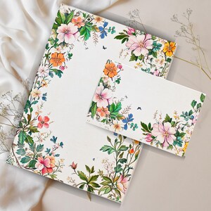 Conjunto de papelaria vintage para jardim de verão – papéis de carta florais e envelope – download digital A4 (papel pautado + sem pauta) papel de escrita digital