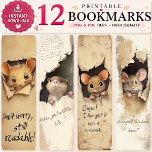Può includere: Un set di 12 segnalibri stampabili con illustrazioni di piccoli topi marroni che sbucano da carta strappata. Ogni segnalibro include testi umoristici come Don't worry, still readable!, Relax, just a little bite., Oops! I thought it was a snaack. e Who put this book here?