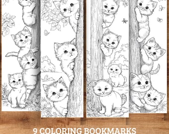 Coloring Kitten Bookmarks: Printable Black & White Designs (PDF Download Set, 2x6 in)