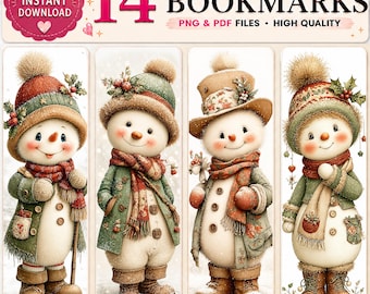 Peut inclure: Un ensemble de 14 marque-pages imprimables illustrant des bonhommes de neige portant des bonnets, écharpes et manteaux d'hiver dans des tons vert, rouge et marron. Le texte indique 14 PRINTABLE BOOKMARKS, INSTANT DOWNLOAD, PNG & PDF FILES HIGH QUALITY.