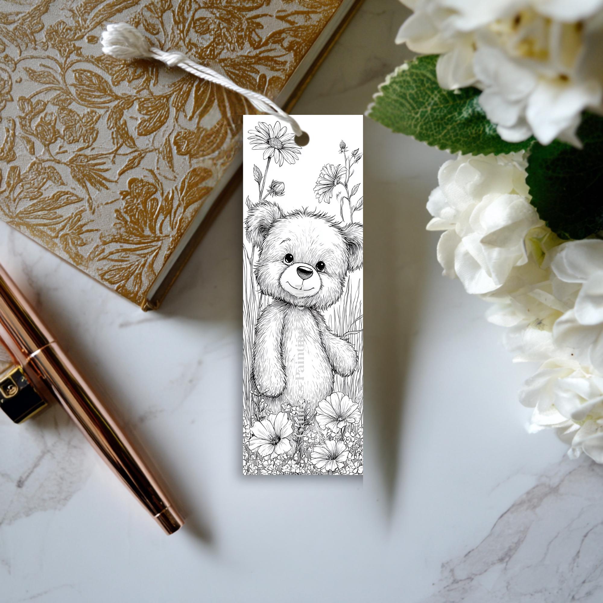 Teddy Bear Coloring Bookmarks | Floral Kids Craft (PDF Printable Set of ...