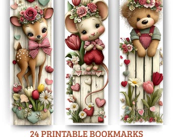 Printable Valentine Animal Bookmarks, Farmhouse Style (PDF & PNG)