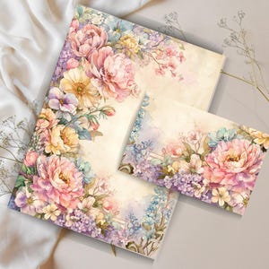Set de cartas con diseño de flores en tonos pastel, papelería floral en acuarela, papelería floral elegante, papelería imprimible, set de cartas vintage, kit para amigos por correspondencia