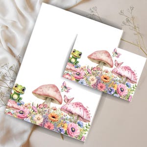 Jardim de chalé caprichoso – Conjunto de letras fofas de sapo e cogumelo | Papelaria digital imprimível A4, papel de carta fofo com ou sem linhas.