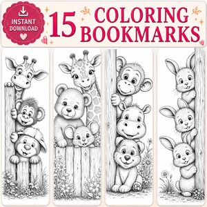 May include: A set of 15 printable colouring bookmarks featuring black and white line art illustrations of various animals including giraffes, monkeys, bears, mice, hippos, dogs, and rabbits peeking from behind wooden fences and posts.