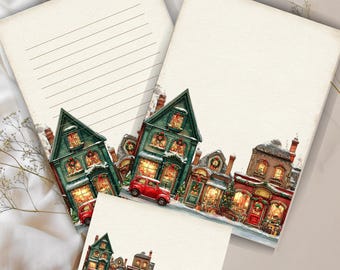 Cozy Christmas Street Letter Writing Set – Festive Winter Shops & Holiday Stationery (Lined + Unlined + Envelope)