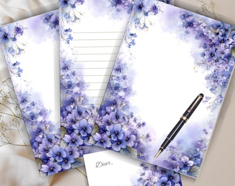Conjunto de Papelaria em Aquarela Violeta: Kit de Escrita de Cartas Imprimível (Formatos PDF e PNG)