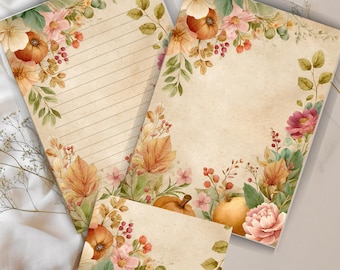 Autumn Harvest Letter Writing Set – Watercolor Pumpkin Floral Stationary Kit (PDF + PNG)