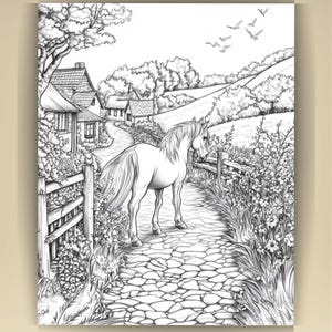 Horse Coloring Book for Adults: Countryside Scenes PDF (73 Pages) (Digital Download image 16