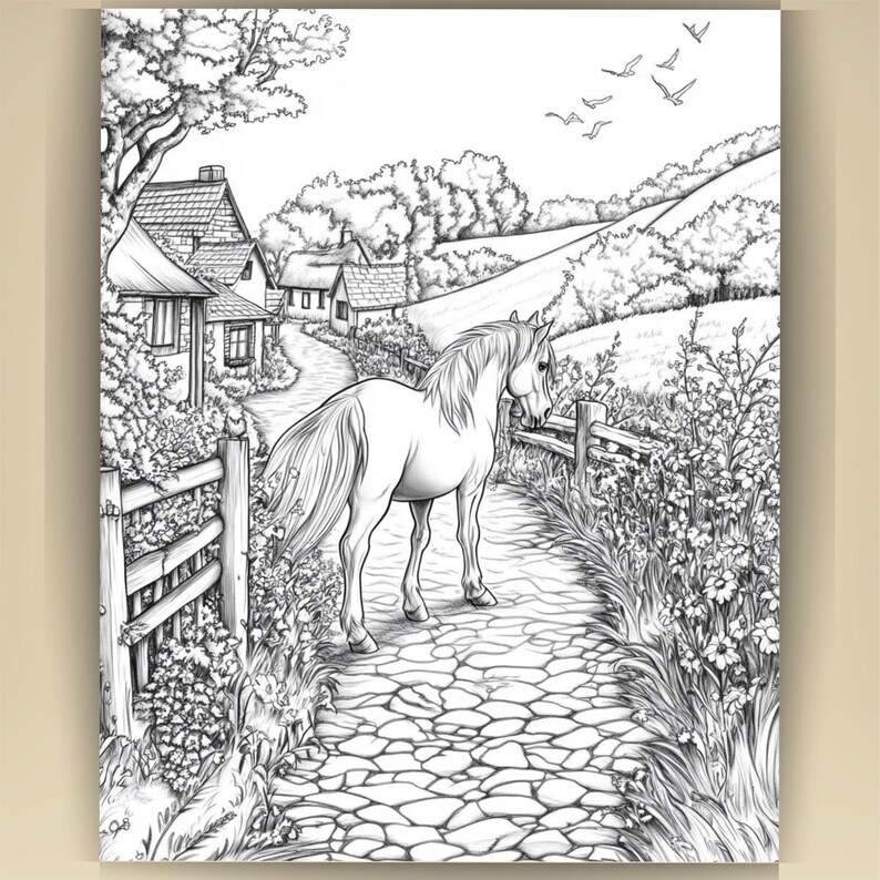 Horse Coloring Book for Adults: Countryside Scenes PDF (73 Pages) (Digital Download image 16