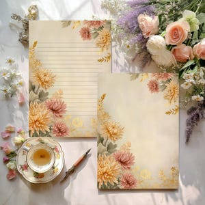Conjunto de papelaria vintage com crisântemo, papel A4 para impressão com páginas pautadas e sem pauta, fundo floral aquarela pastel