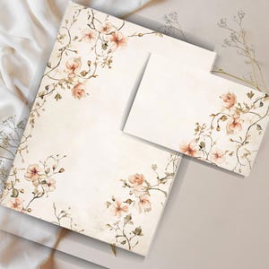 Juego de cartas con diseño floral vintage, elegante papelería de acuarela, papel de carta imprimible con diseño floral, hojas de notas con o sin raya.