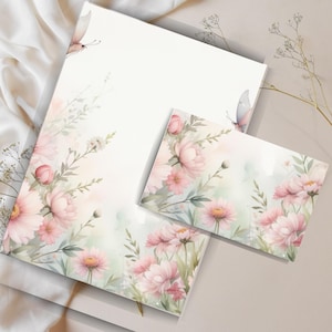 Papel de carta imprimible de jardín de hadas, juego de papelería imprimible A4, con y sin rayas, papelería imprimible, papel de escritura floral, papel rayado floral
