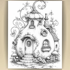 May include: A black and white line art illustration of a round house shaped like a pumpkin or gourd. The structure features a central arched door, multiple small windows, a stone chimney, and climbing vines. Mushrooms and foliage surround the base.