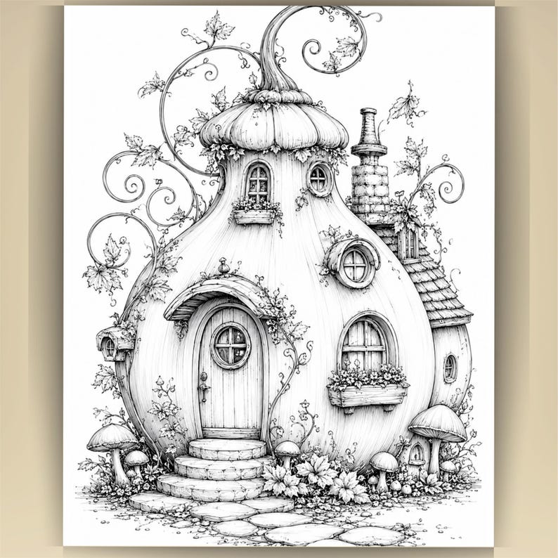 May include: A black and white line art illustration of a round house shaped like a pumpkin or gourd. The structure features a central arched door, multiple small windows, a stone chimney, and climbing vines. Mushrooms and foliage surround the base.