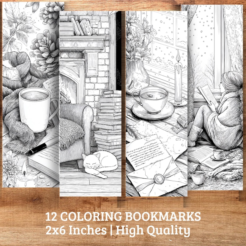 May include: Set of 12 coloring bookmarks featuring cozy scenes, including a fireplace, a cat, and a person reading. Each bookmark is 2x6 inches. High quality, black and white illustrations for creative coloring.