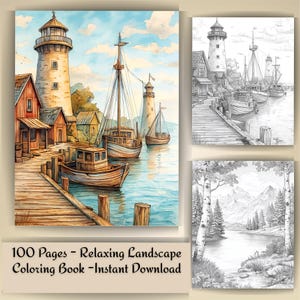 Relaxing Landscape Coloring Book for Adults – 100 Pages | Grayscale Edition | Instant Download PDF