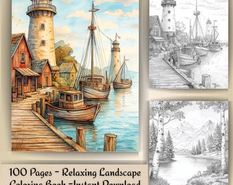 Relaxing Landscape Coloring Book for Adults – 100 Pages | Grayscale Edition | Instant Download PDF