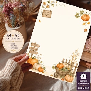 Op de afbeelding: Een digitaal briefpapierblad met aquarelillustraties van oranje pompoenen, een houten kruiwagen en een bord met de tekst PUMPKIN PATCH. Het ontwerp bevat een wegwijzer met PICK YOUR OWN PUMPKINS, beschikbaar in A4, A5 en US Letter-formaten.