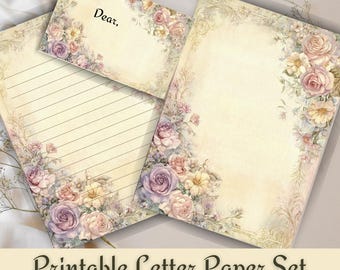 Vintage Rose Floral Stationery Set: Printable Letter Writing Kit (PDF & PNG Download)