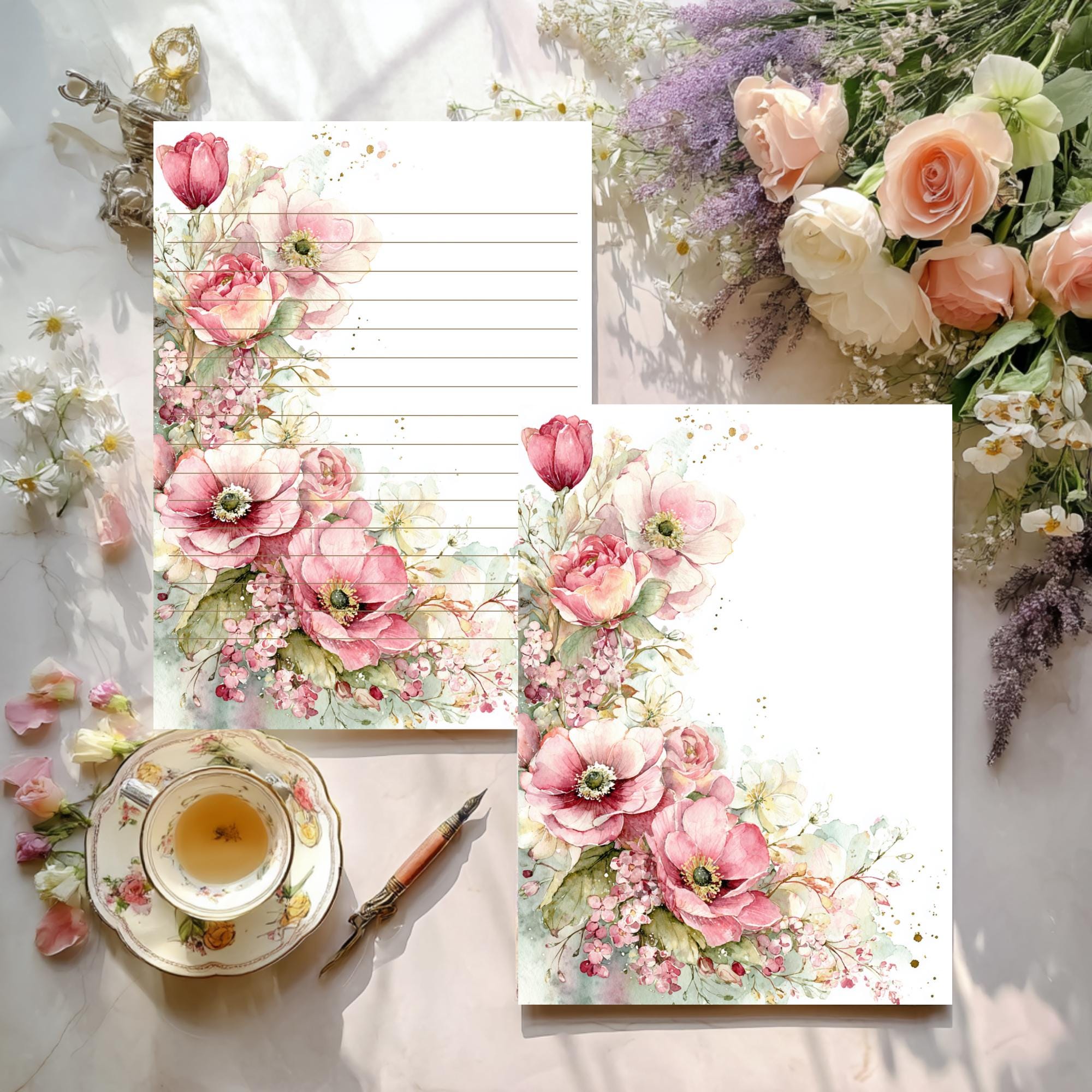 Watercolor Floral Letter Set – Pink Anemone & Tulip Stationery (PDF ...