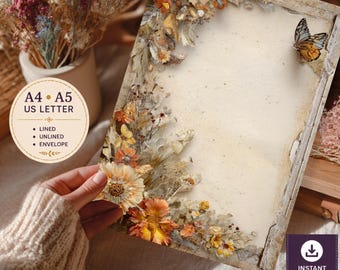 Vintage Autumn Butterfly Stationery Set – Floral Writing Paper, Cottagecore Letter (PDF + PNG)