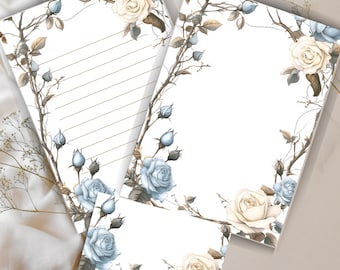 Aquarell Rose Briefpapier Set: Briefpapier & Umschlag (PDF Download A4 Format)