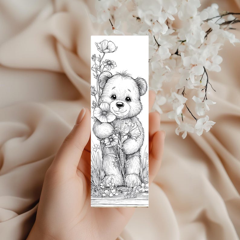 Teddy Bear Coloring Bookmarks | Floral Kids Craft (PDF Printable Set of ...