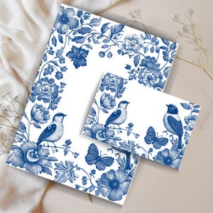 Juego de cartas vintage con diseño floral azul, con pájaros y mariposas. Papel A4 rayado y sin rayar con sobre. Papelería imprimible. Papel de carta.