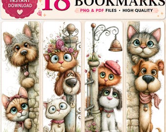 Cat & Dog Printable Bookmarks – Whimsical Kawaii Puppy  Kitten Friends | PDF  PNG Files