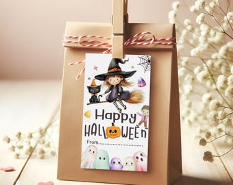 May include: A brown paper gift bag with a decorative tag featuring a witch on a broom, a black cat, and the words "Happy Halloween." The tag is held by a wooden clip. The bag is tied with red and white twine.