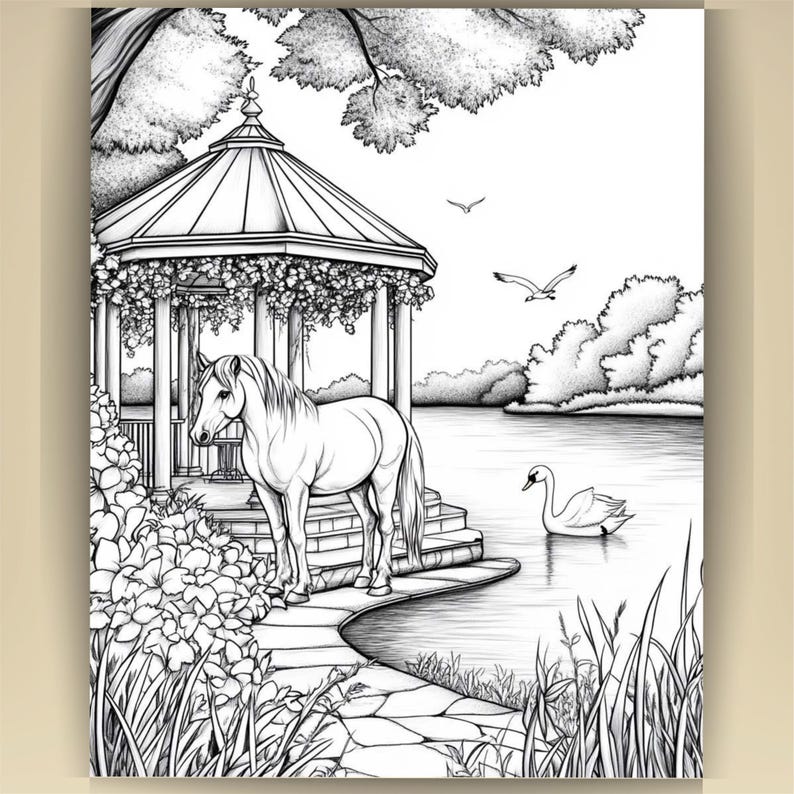 Horse Coloring Book for Adults: Countryside Scenes PDF (73 Pages) (Digital Download image 19